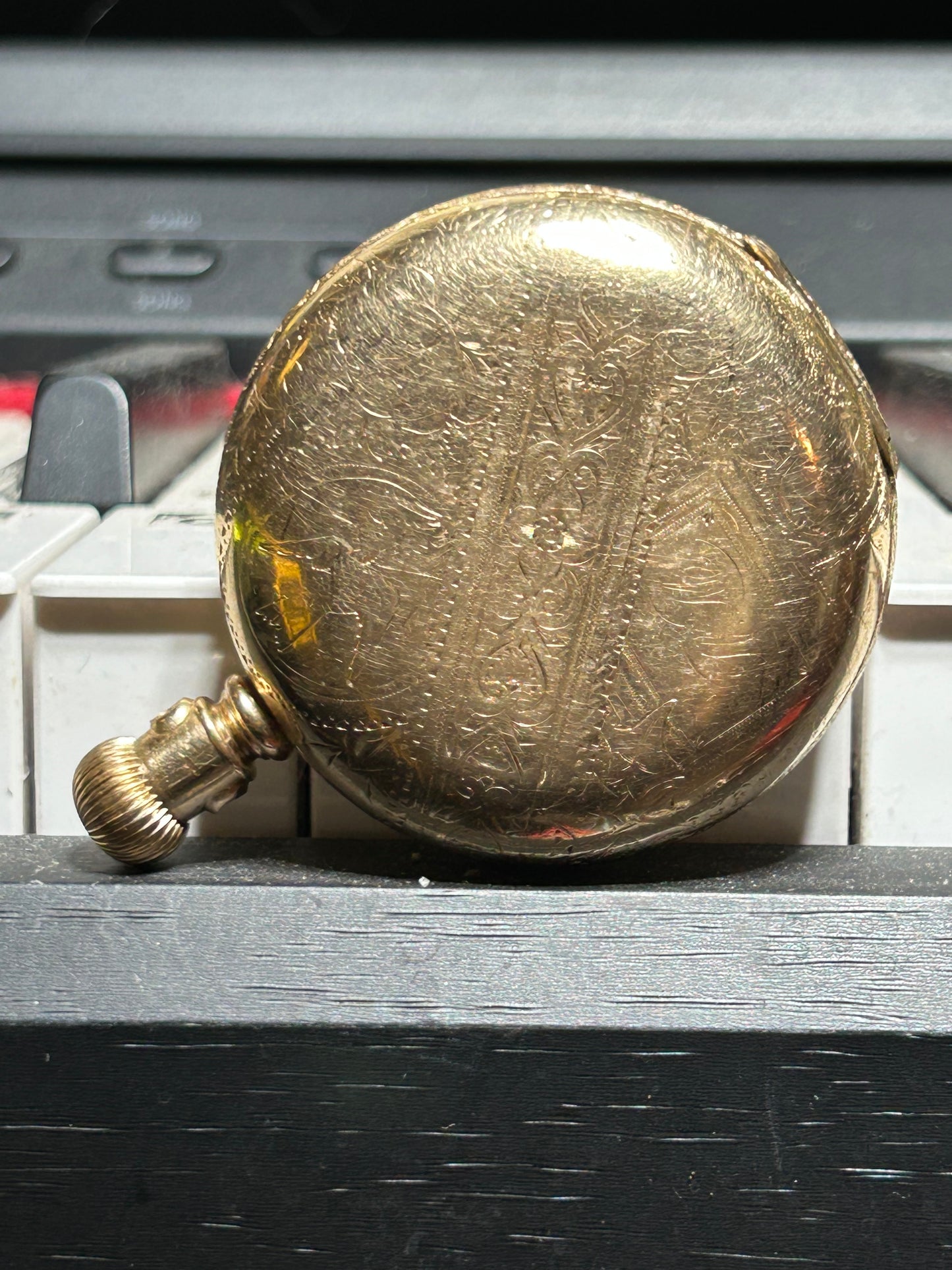 Elgin 1/20 12K Gold Filled Pocket Watch with Engraved Outer Shell - Repairs Needed