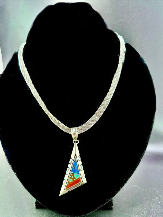 Tri-Stone Zuni Inlaid Necklace; Coral, Lapis, Kingman Turquoise Artist-signed Silver Pendant with Hand-woven Sterling Silver Wire Wrapped Chain Necklace