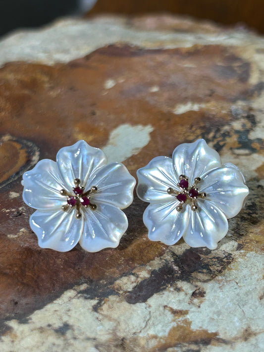 14K Gold Mother of Pearl Natural Earth Mined Ruby Vintage Designer Stud Earrings