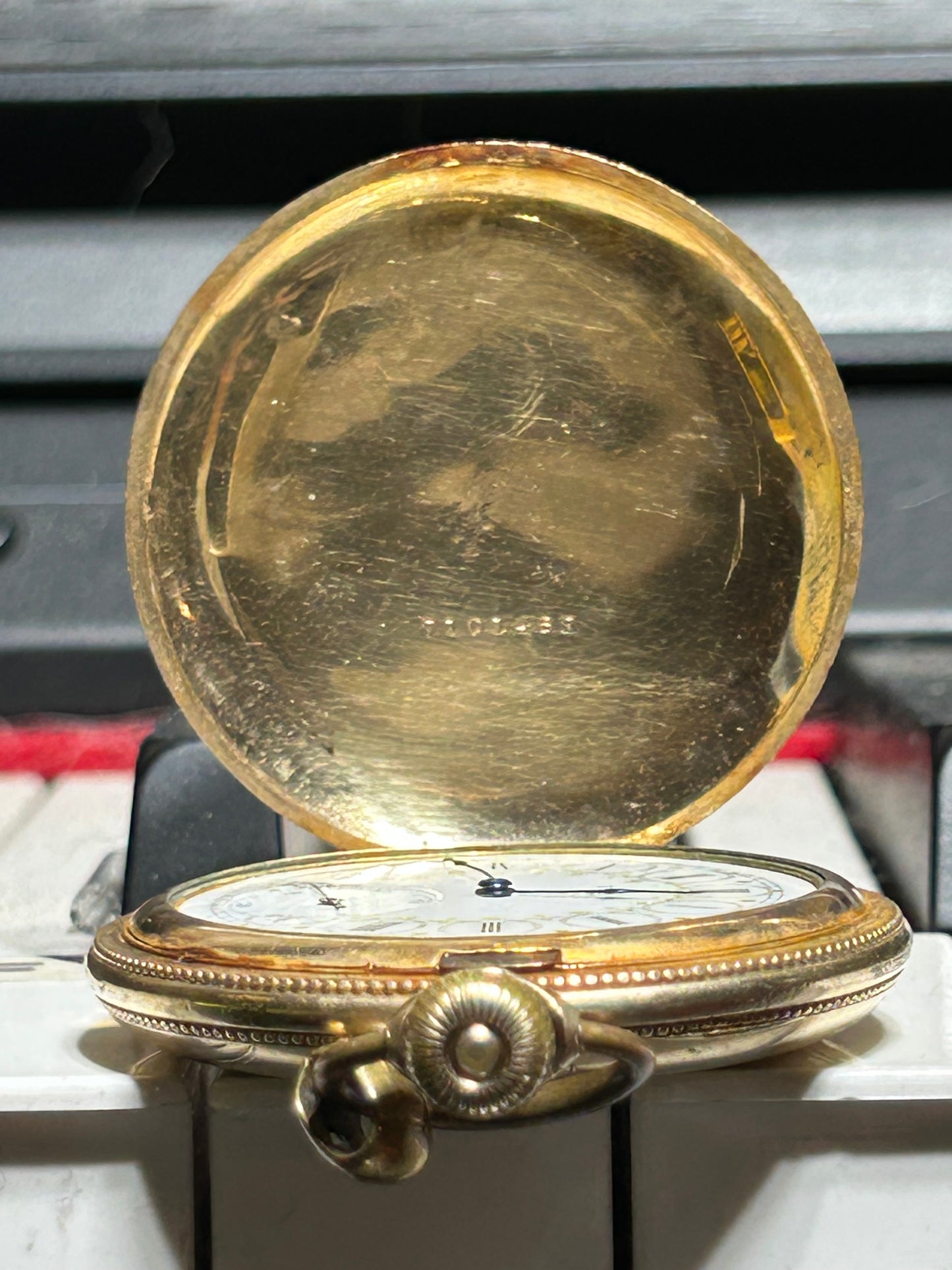 Elgin 1/20 12K Gold Filled Pocket Watch with Engraved Outer Shell - Repairs Needed