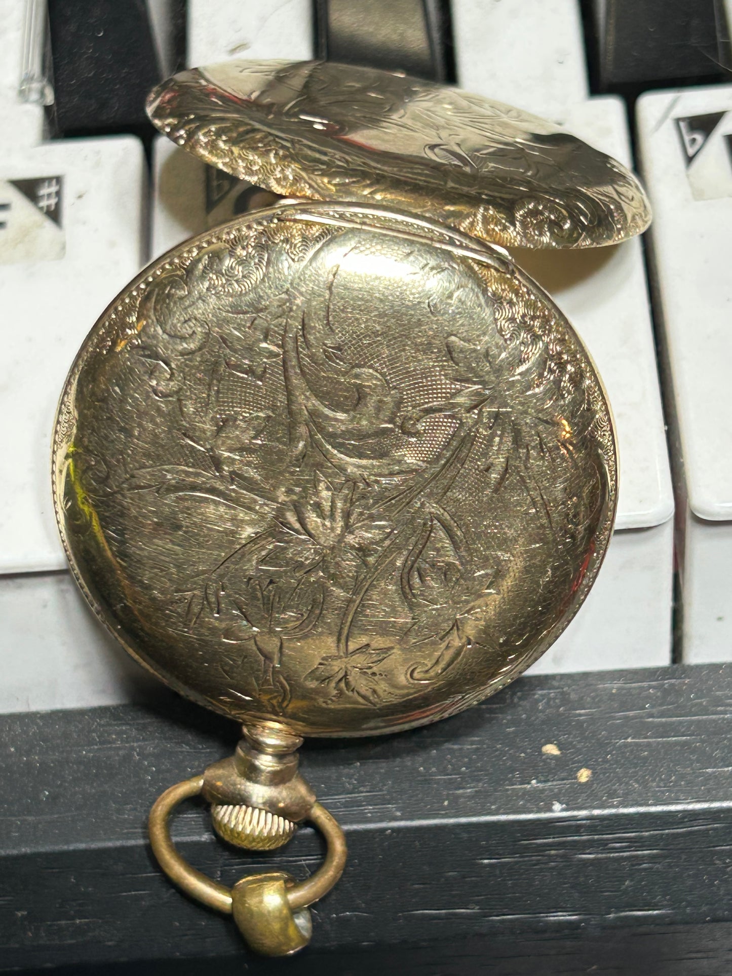 Elgin 1/20 12K Gold Filled Pocket Watch with Engraved Outer Shell - Repairs Needed